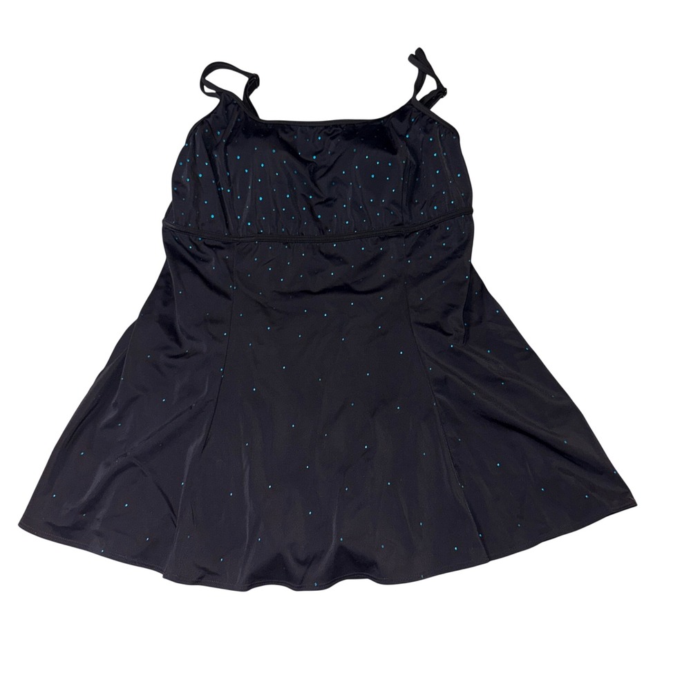 Great Lengths Swim‎ Dress 14 Black Turquoise Glitter Dot Control One Piece  NWT